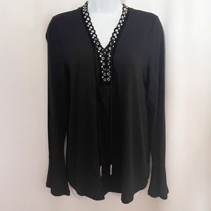 Michael Kors Black Long Sleeved Flared Cuff Tie V Neck with Grommets